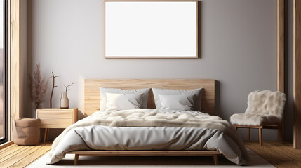 Blank picture frame on wall in modern bedroom