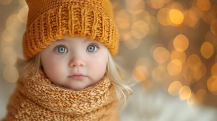 A close-up portrait of an adorable baby with striking blue eyes dressed in a warm, cozy knitted hat and scarf in a bokeh lights background setting