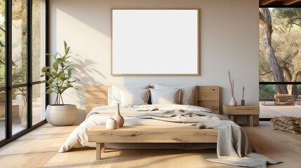 Blank picture frame on wall in modern bedroom