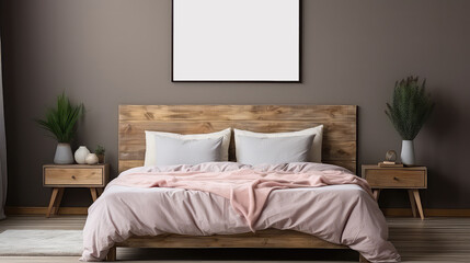 Blank picture frame on wall in modern bedroom