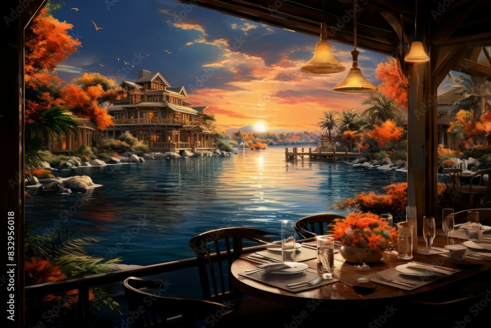 Wall mural Waterfront dining - Generative AI