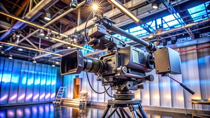 TV camera mounted on a crane tripod for live broadcasting in a studio setting