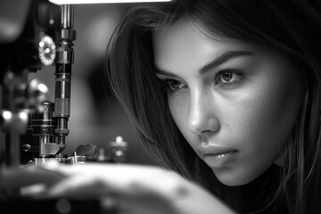 A focused young woman deeply engaged in precise work with intricate machinery under detailed lighting, conveying dedication and concentration in a monochrome photograph