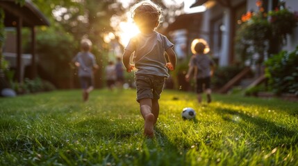 A group of young children playing soccer on a sunny day in a lush green backyard, capturing the joy of outdoor activities and childhood innocence