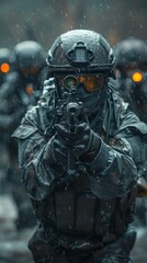 Fototapeta premium A highly detailed and intense image capturing a front-line soldier in full tactical gear aiming a firearm under snowfall, with teammates visible in the background