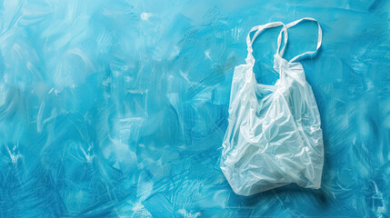 environmental awareness concept with a plastic bag on blue textured background