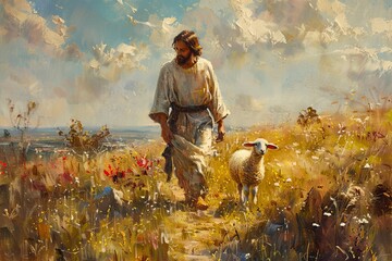 Painting of Jesus Christ walking with a lamb in the meadow. 