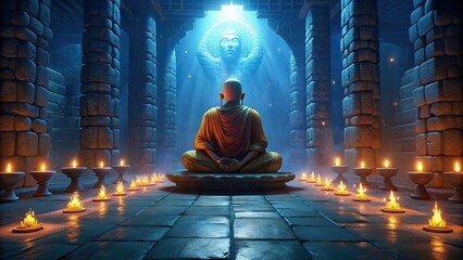 Faceless Tibetan monk meditating in a sacred temple