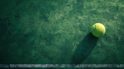 textured green tennis court surface with a single yellow ball