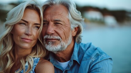 A serene and intimate portrait of a smiling middle-aged couple with grey hair, enjoying a peaceful moment together outdoors during sunset
