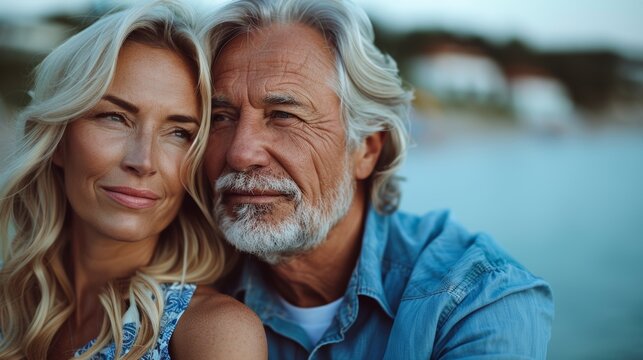 A serene and intimate portrait of a smiling middle-aged couple with grey hair, enjoying a peaceful moment together outdoors during sunset