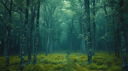 Obraz premium A serene and mystical forest landscape with tall trees and a path surrounded by lush green ferns under a canopy of dense foliage