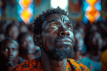 Fototapeta premium Old african man praise God in church.
