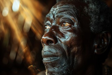 Old african man praise God in church.