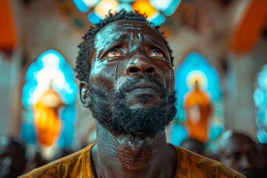 Old african man praise God in church.