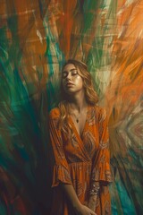A serene young woman in an orange textured dress poses against a colorful, abstract background,...