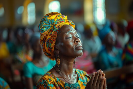 Old african woman praise God in church.