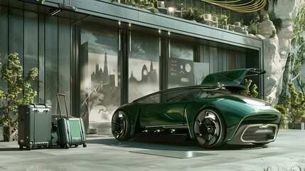 Fototapeta premium a green car with luggage ready for summer holidays in 3D rendering