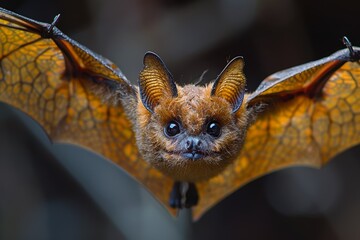 Obraz premium A stunning close-up photograph of a fruit bat in mid-flight, showcasing its detailed wing patterns and expressive facial features against a blurred background