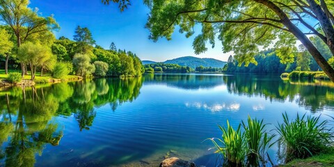 Tranquil lakeside view with serene water, lush greenery, and a clear blue sky