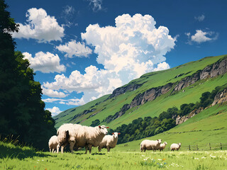 sheep on meadow below hills and bright sky with puffy white clouds
