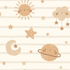 Cute bohemian hand drawn moon, stars, sun, cloud with rain, kids wallpaper seamless pattern design