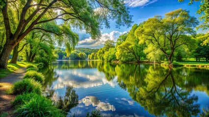 Tranquil lakeside view with lush green trees and still water