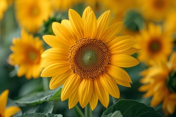Fototapeta premium A vibrant close-up photograph capturing the intricate details and vivid colors of a sunflower in full bloom amidst a field of sunflowers