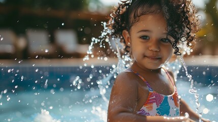 Obraz premium Adorable little girl with curly hair wearing a colorful swimming suit playing with water splashes at beautiful pool in a tropical resort having fun during family summer vacation
