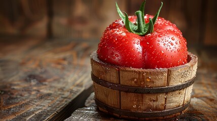 A vivid close-up of a freshly watered ripe tomato with droplets, placed inside a small wooden basket on a rustic wooden surface - Powered by Adobe