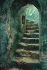 A visually captivating image showcasing an ancient, weathered green staircase, enveloped in an aura of mystery and history, leading to an unknown destination through a rustic arched doorway