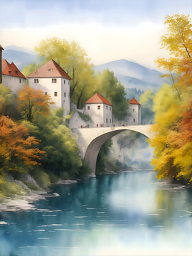 Bihac Bosnia and Herzegovina Country Landscape Watercolor Illustration Art	