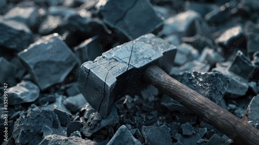 Poster close up view of a sledgehammer on a heap of shattered rocks outside