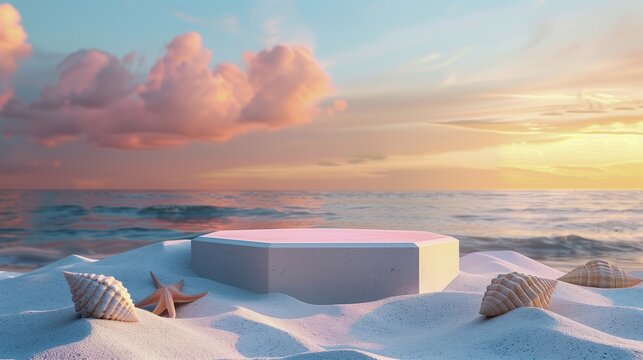 Serene Sunset Beach with Seashells and Starfish on White Sand Featuring Hexagonal Platform for Summer Display Background