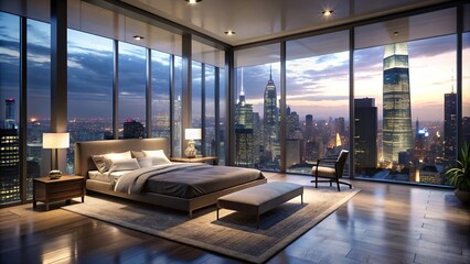Dark and gloomy penthouse bedroom at night with a view of the city skyline