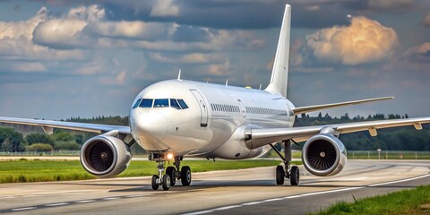 White airliner on taxiway ready for takeoff