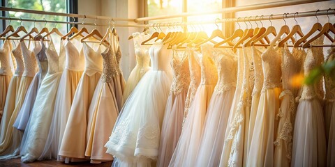 Beautiful assortment of wedding gowns on hangers in a boutique shop with soft sunlight filtering in