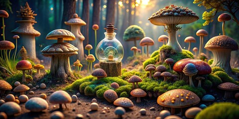 Enchanting scene of a captivating landscape adorned with mushrooms, stones, poison bottles, and snails