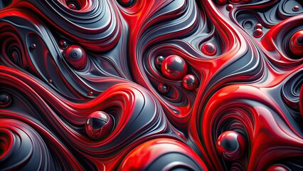 Abstract swirling red and black fluid shapes in chaotic motion on retro background