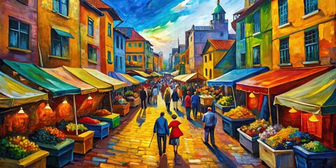 Expressionist market street with exaggerated perspectives and bold colors