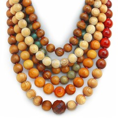 Colorful wooden bead necklaces on a white background. Ideal for fashion, accessories, craft, and design concepts.