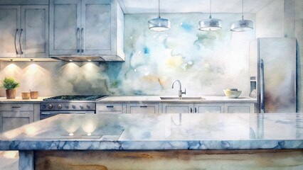 Countertop with blurred home kitchen background in white, watercolor