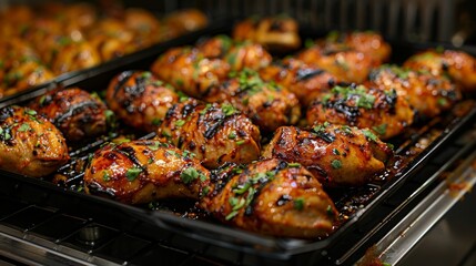 Deliciously glazed and perfectly grilled chicken thighs with a vibrant garnish of fresh herbs in a baking tray, ready to be served as a tasty meal
