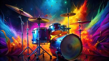 Vibrant drum set with brushstrokes and vibrant colors for music and rock band enthusiasts