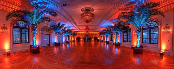 Elegant ballroom with intricate ceiling design, bright chandeliers, and warm lighting, decorated with potted palm trees and Red and blue uplighting