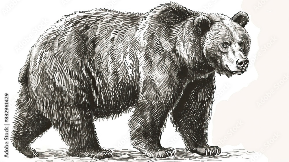 Wall mural brown bear illustration, drawing, engraving, ink, line art, vector