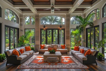 Fototapeta premium Elegant contemporary sunroom with large windows, cozy seating, vibrant plants, wooden ceiling, and an intricate rug design for a relaxing ambiance