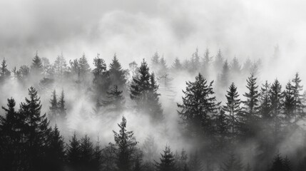 Enigmatic fog covered forest during evening Altered to black and white
