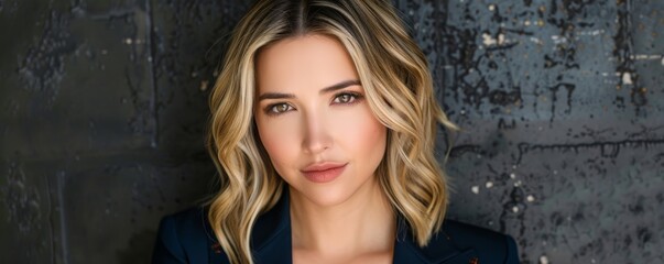 Obraz premium Portrait of a young woman with blonde wavy hair wearing a blazer, standing in front of a textured dark background, evoking a sense of casual elegance