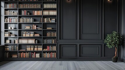 A large, modern bookshelf with a neatly arranged collection of books.
